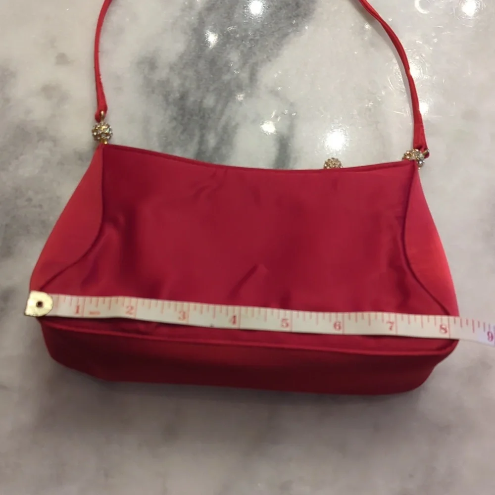 Vintage Valerie Stevens red satin Evening Bag With Jeweled Hardware - Picture 10 of 13